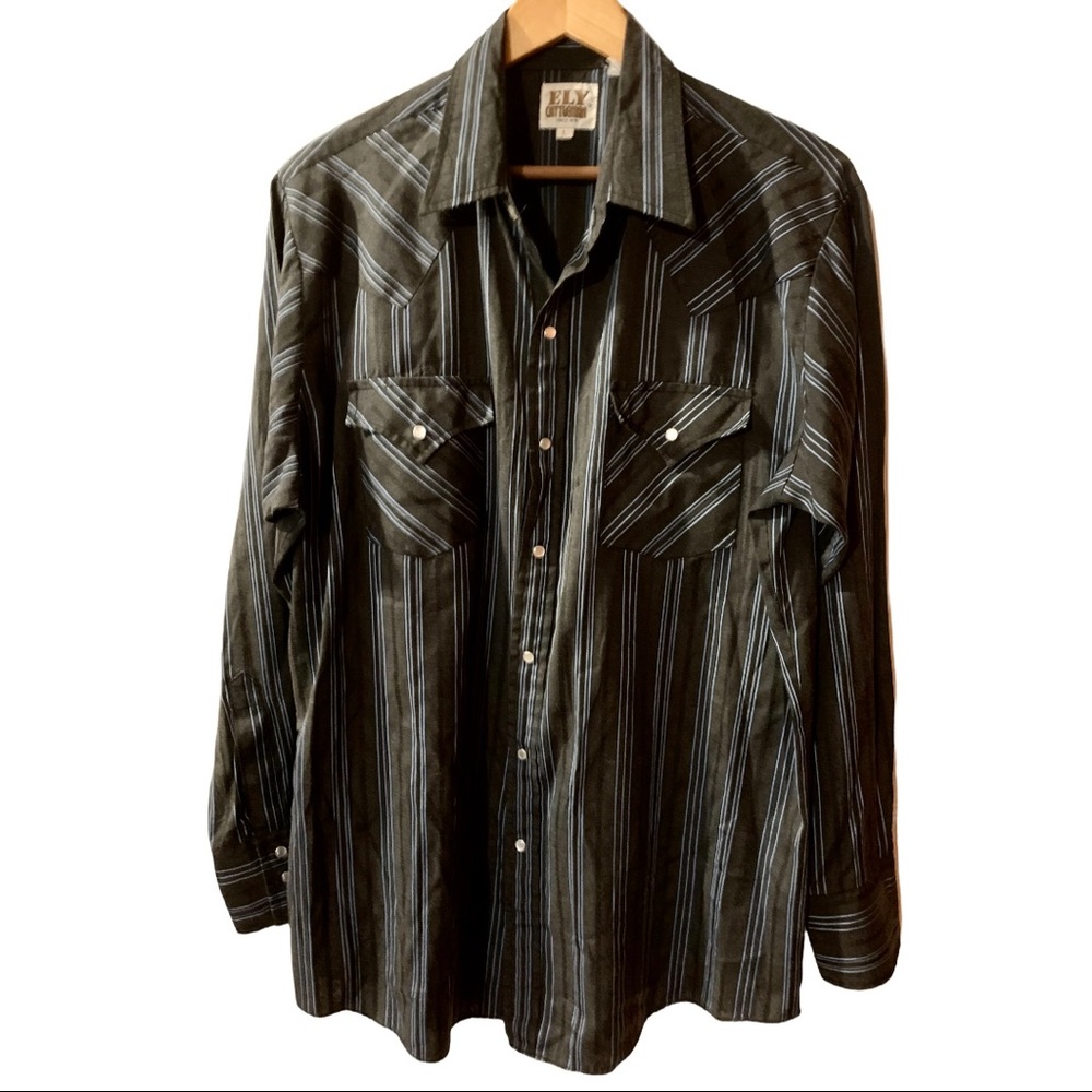 Vintage L Ely Cattleman Black Blue Striped Western Rodeo Shirt Rockabily Snap